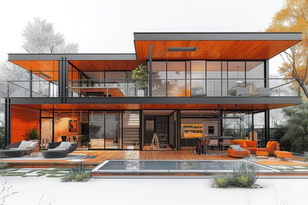 3d house design with pool in a video, in the style of bold black outlines, jamie hewlett, steel/iron frame construction, dark cyan and orange, gerard sekoto, ferrania p30, blown-off-roof perspective --ar 128:77 --style raw --stylize 750 Job ID: a49aad4d-492e-4570-b3f2-95ed63bfc0b6